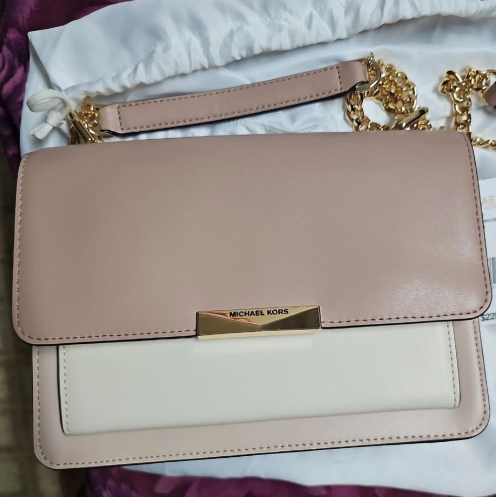MICHAEL Michael Kors Jade Large Gusset Shoulder Bag Tan & White